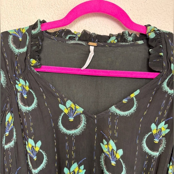Free People Black Wild Horses Peacock Print Boho Long Sleeve Flounce Hem Dress M - Picture 5 of 13